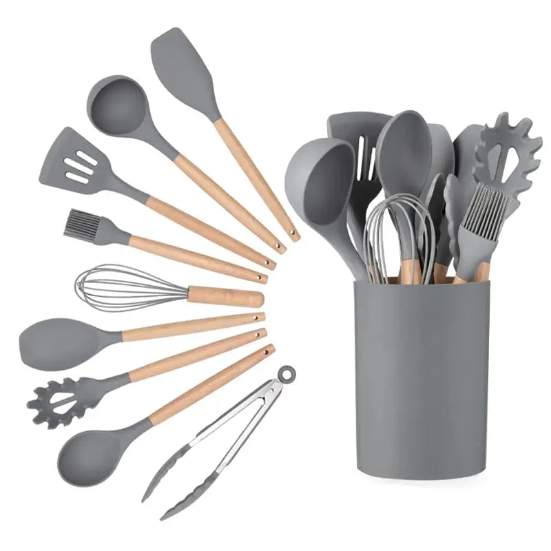 Professional 10 piece kitchen silicone spatula set wooden ladle egg beater, oil brush, barbecue clamp, scraper, kitchen utensils from PriceLows™