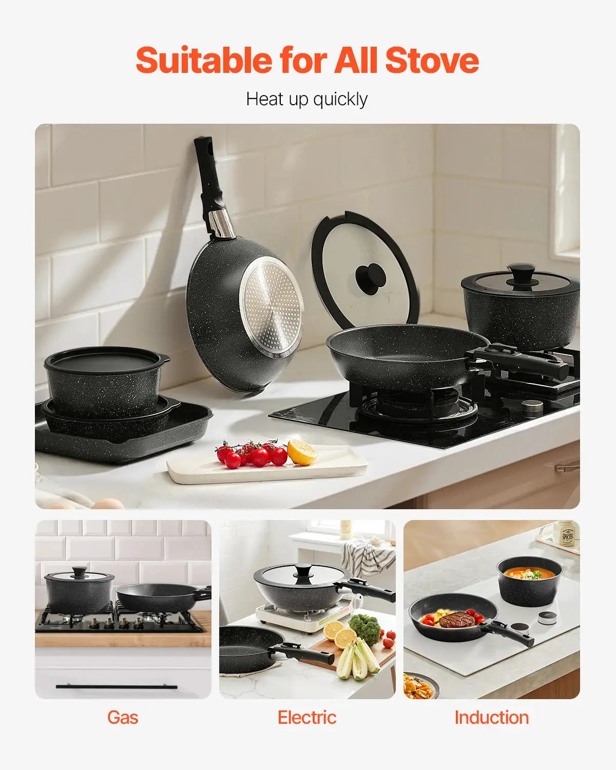 SucceBuy 17 Pcs Nonstick Cookware Set Granite Pots and Pans Set Induction Cookwares Kitchen Cooking Set w/Frying Sauce Saute Pan from PriceLows™