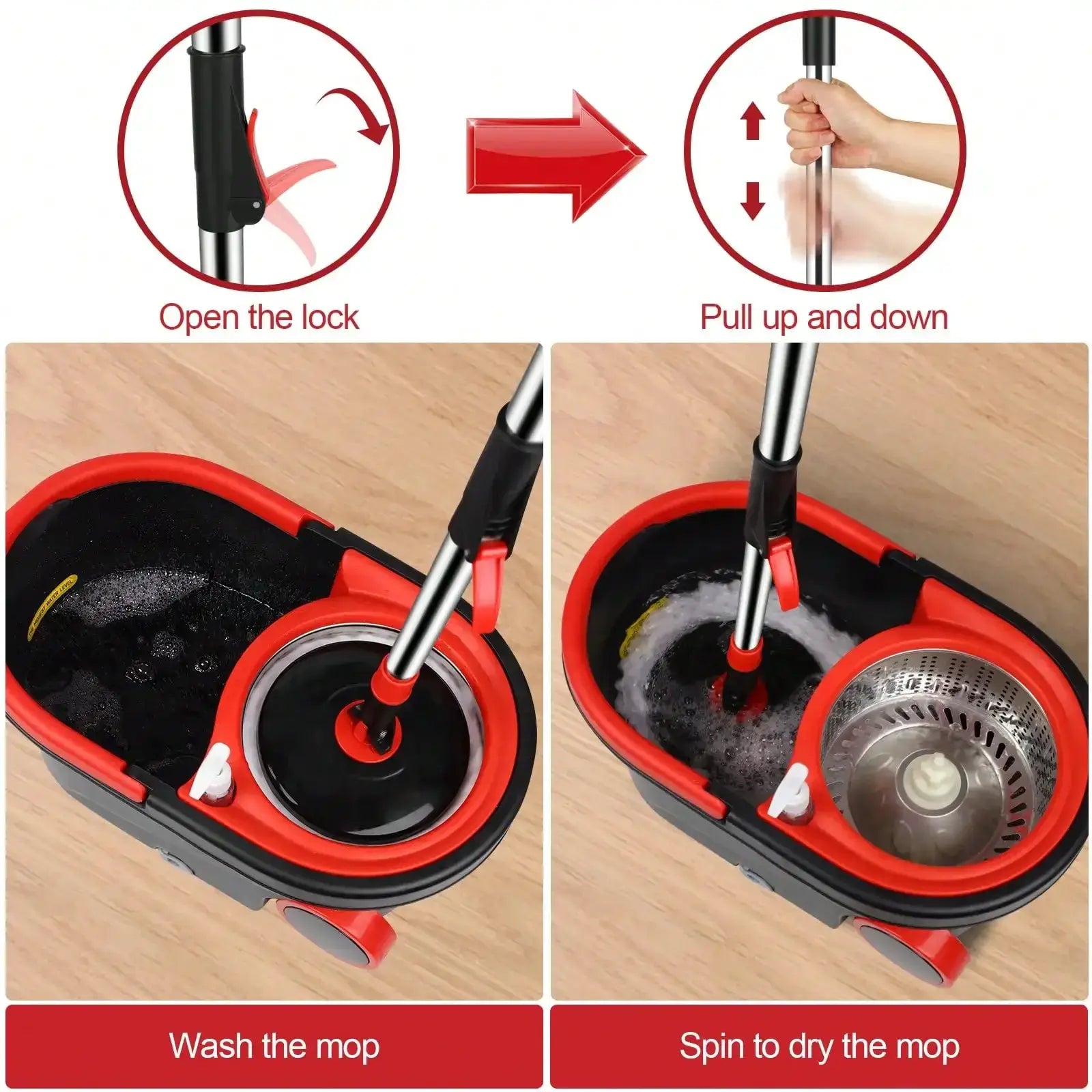 Heavy Duty Rolling Spin Mop Bucket Set with Wringer, 3 Microfiber Mop Heads, Adjustable Handle for Home Floor Cleaning” from PriceLows™