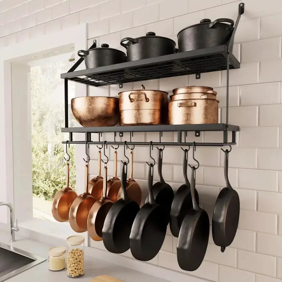 30Inch Kitchen Pot Rack Mounted Hanging Rack for Kitchen Storage and Organization Matte Black 2Tier Wall Shelf with Guard Rail f from PriceLows™