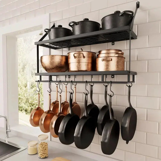 30Inch Kitchen Pot Rack Mounted Hanging Rack for Kitchen Storage and Organization Matte Black 2Tier Wall Shelf with Guard Rail f from PriceLows™