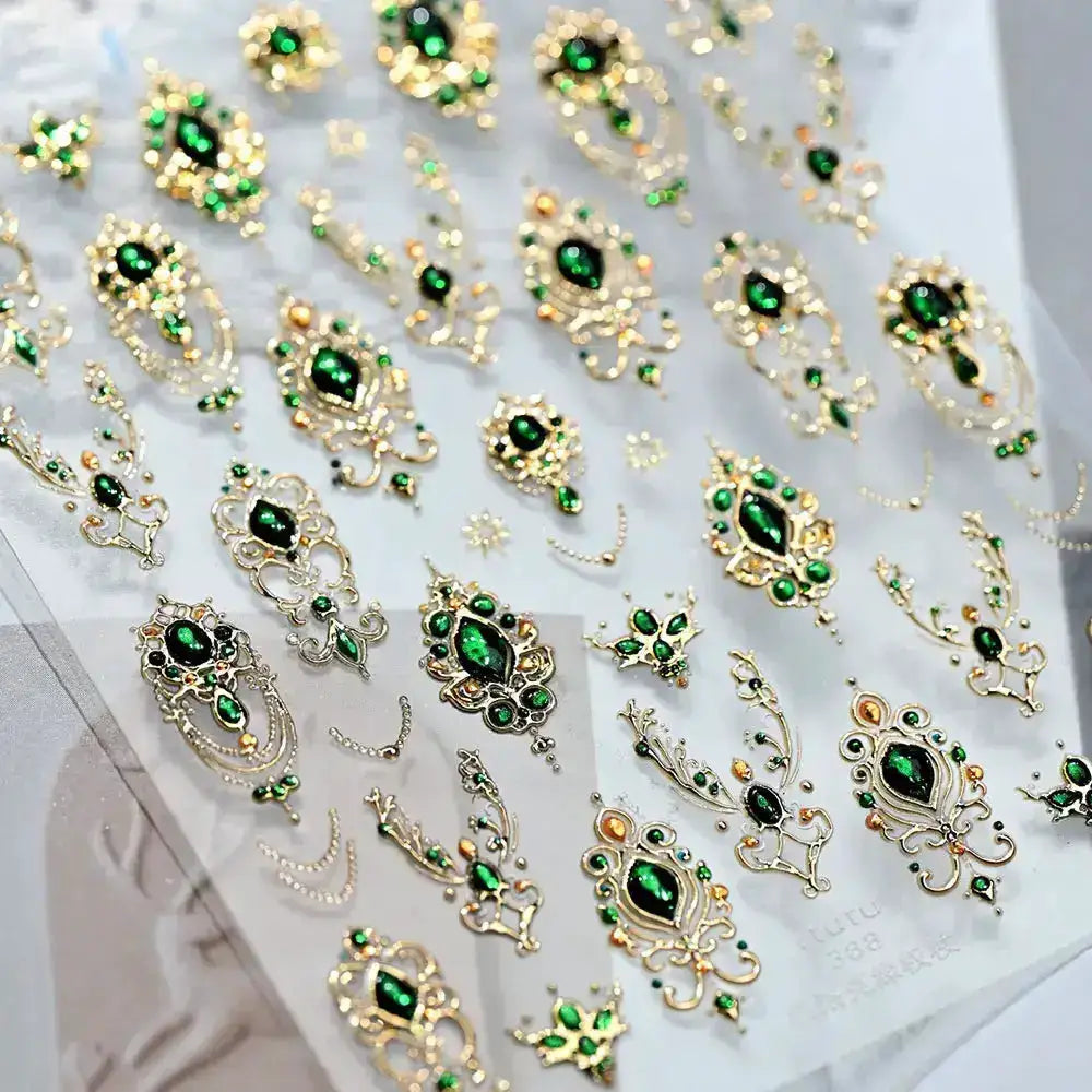 5D Embossed Emerald Gemstones Nail Art Stickers Luxury Golden Frame Baroque Flower Nail Decals Green Rhinestones Nail Supplies from PriceLows™