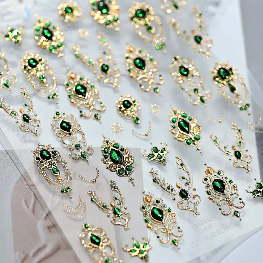 5D Embossed Emerald Gemstones Nail Art Stickers Luxury Golden Frame Baroque Flower Nail Decals Green Rhinestones Nail Supplies from PriceLows™