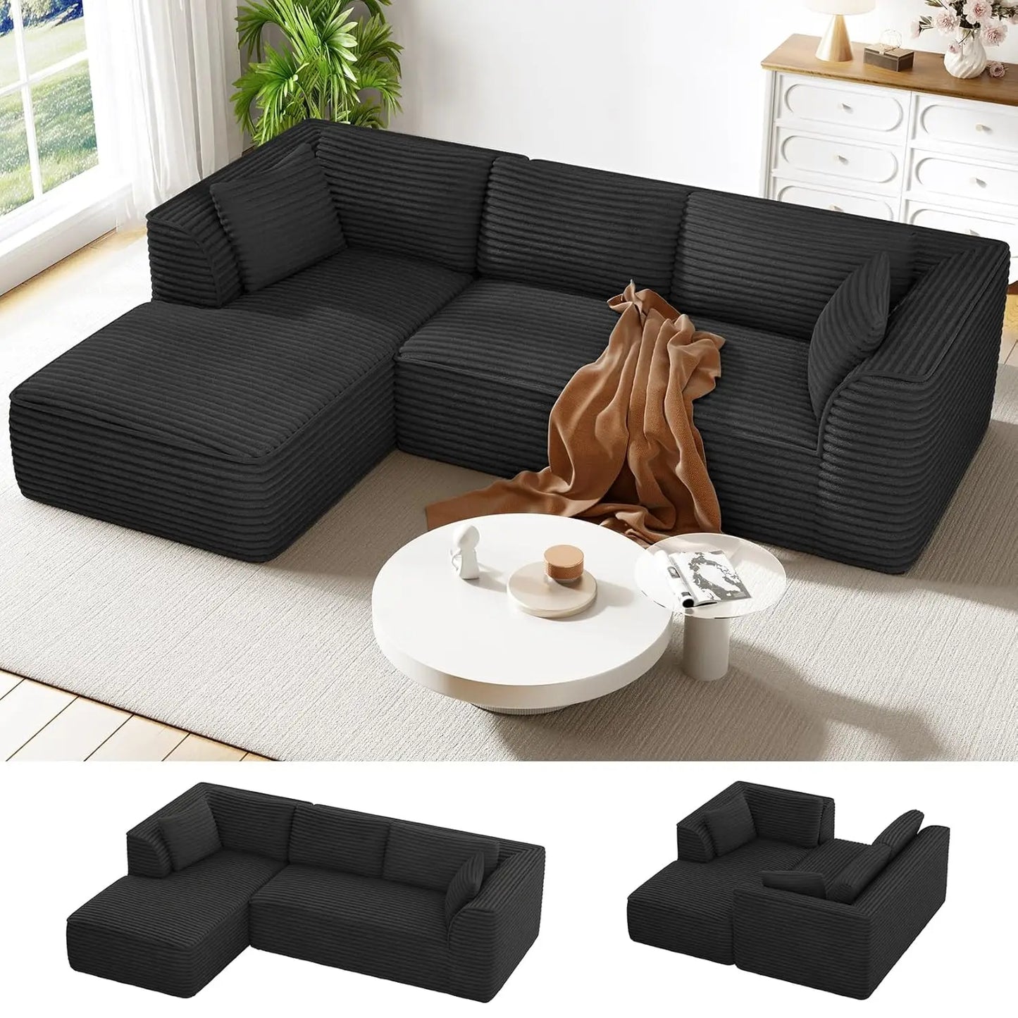 Modular Sofa | L-Shaped With Chaise | Corduroy Fabric