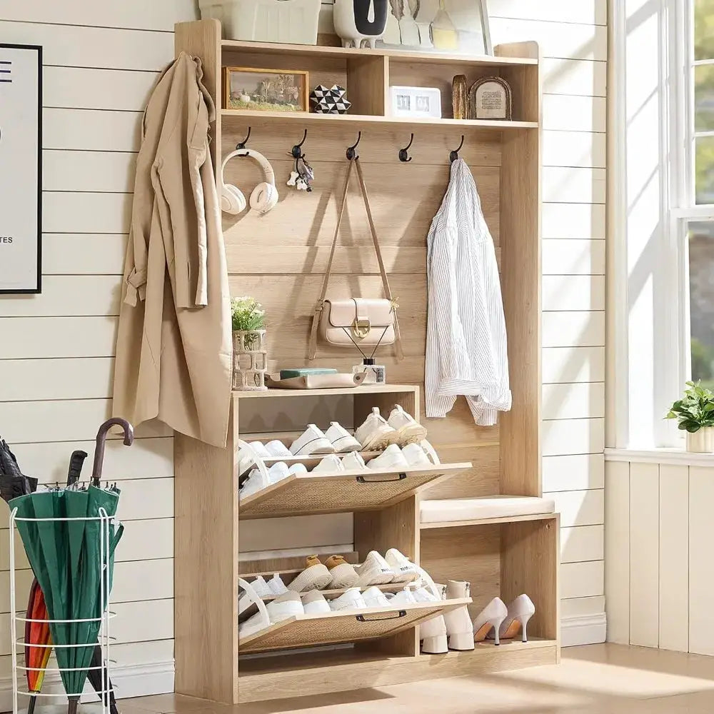 78" Tall Boho Hall Tree with Bench & Shoe Storage, 4-in-1 Mudroom Rattan Coat Rack with 2 Flip Drawers & Cushioned Stool, Entryway Hall Tree Cabinet with 6 Hooks for Garage, Natural Oak from PriceLows™