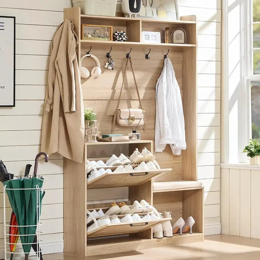 78" Tall Boho Hall Tree with Bench & Shoe Storage, 4-in-1 Mudroom Rattan Coat Rack with 2 Flip Drawers & Cushioned Stool, Entryway Hall Tree Cabinet with 6 Hooks for Garage, Natural Oak from PriceLows™