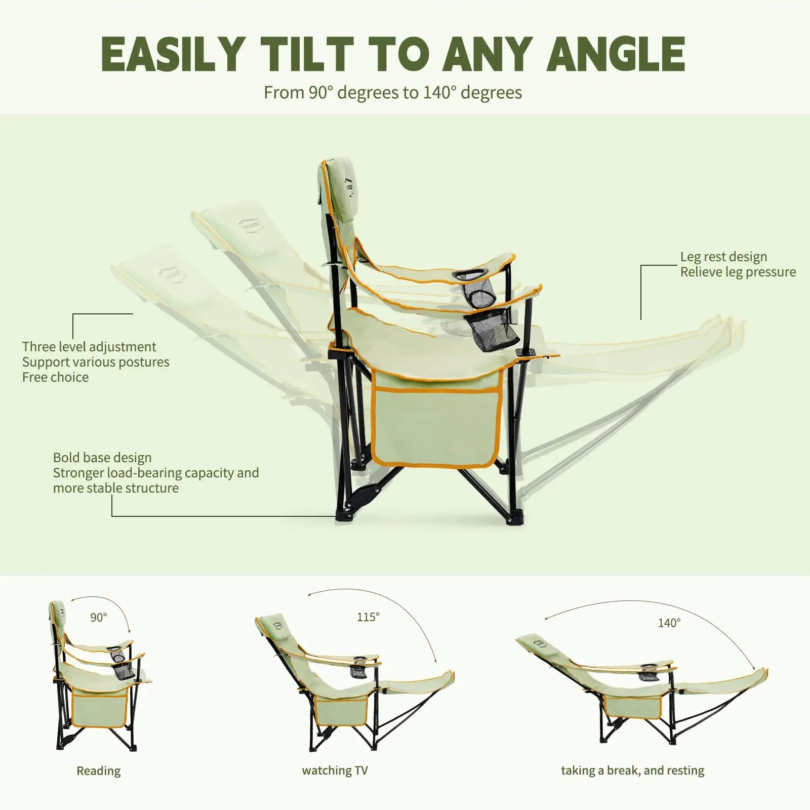 YOUNG WOOD 2-in-1 Reclining Camping Chair with Footrest, Foldable Outdoor Lounge Chair with Cup Holder & Headrest, Portable from PriceLows™