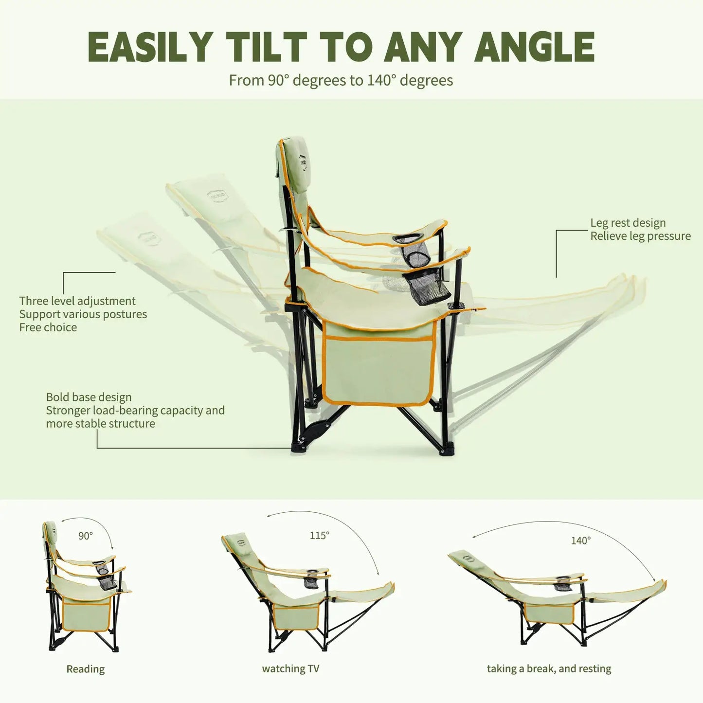 YOUNG WOOD 2-in-1 Reclining Camping Chair with Footrest, Foldable Outdoor Lounge Chair with Cup Holder & Headrest, Portable from PriceLows™