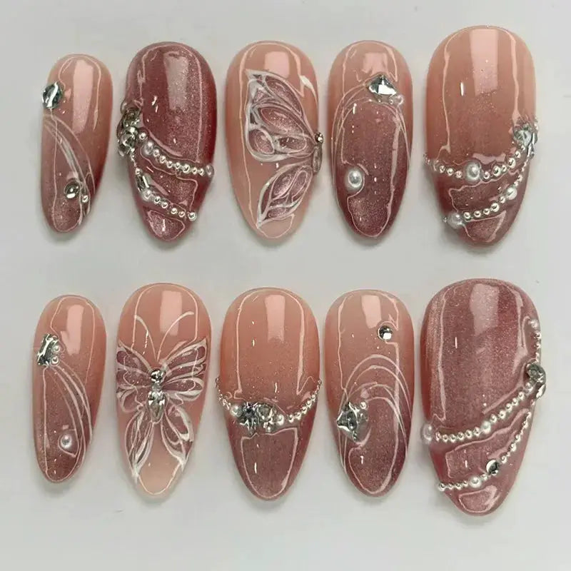 Almond Press On Nails | Acrylic Finish | Pearl Flower Design | 24 Piece Set