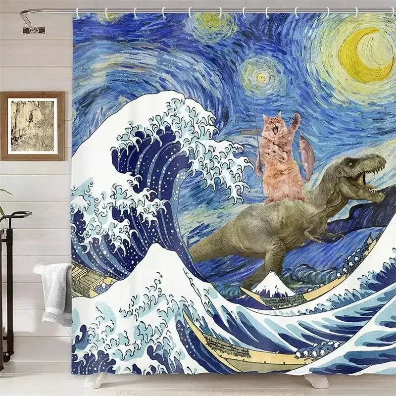 Funny Cat Riding Dinosaur Shower Curtains Cute Animal Sea Waves Surfboard Creative Kids Bath Curtain Set Fabric Bathroom Decor from PriceLows™