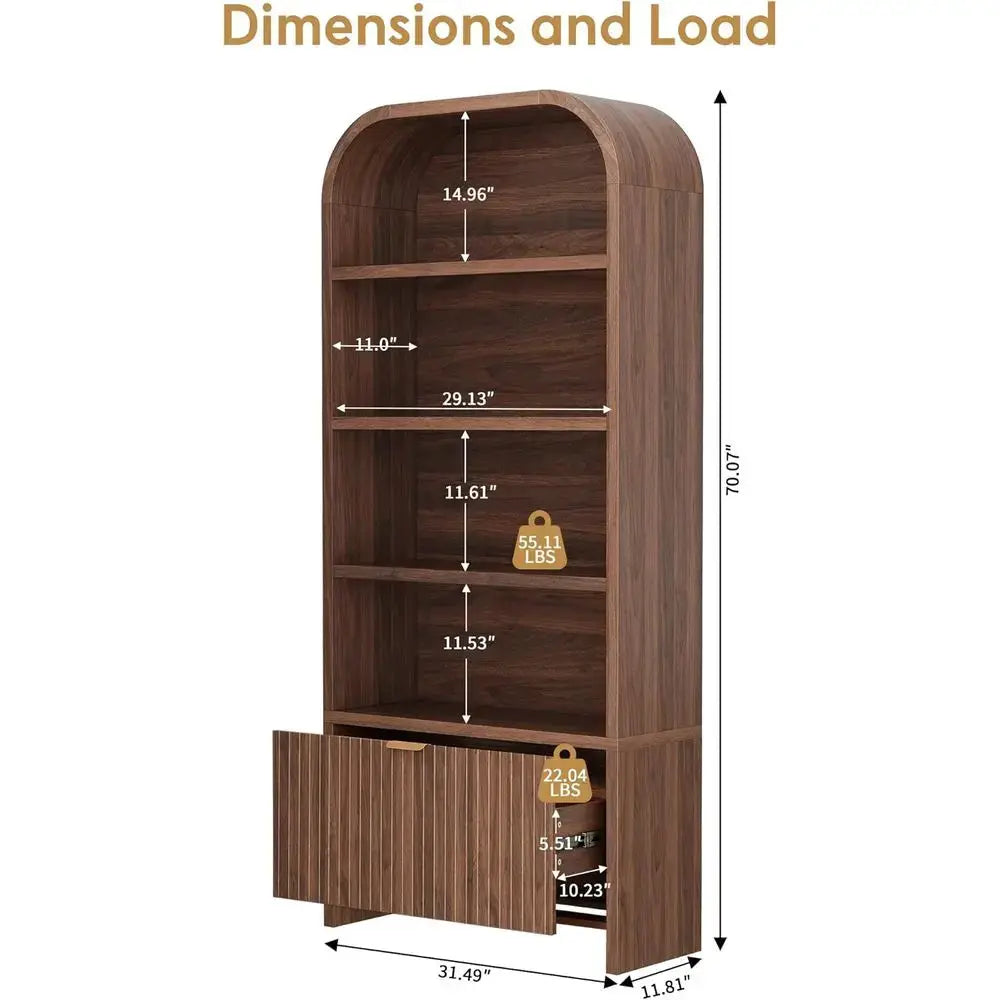 70 Tall 5-Tier Walnut Arched Bookshelf with Carved Details, Ideal for Display and Storage in Living Room, Bedroom or Home Office from PriceLows™