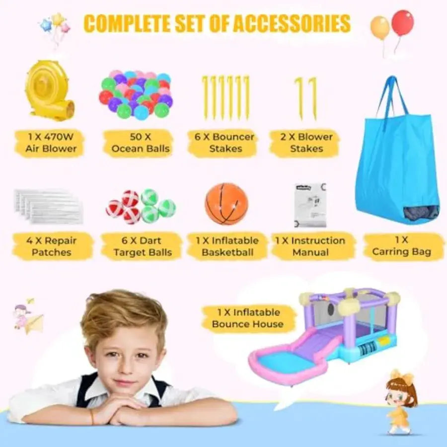 Inflatable Pink Bounce House for 2-8 with Ball Pit, 161x82x63 All-in-ONE Jump and Slide Water Park w/50 Ocean Balls, 6 Dart Tar from PriceLows™