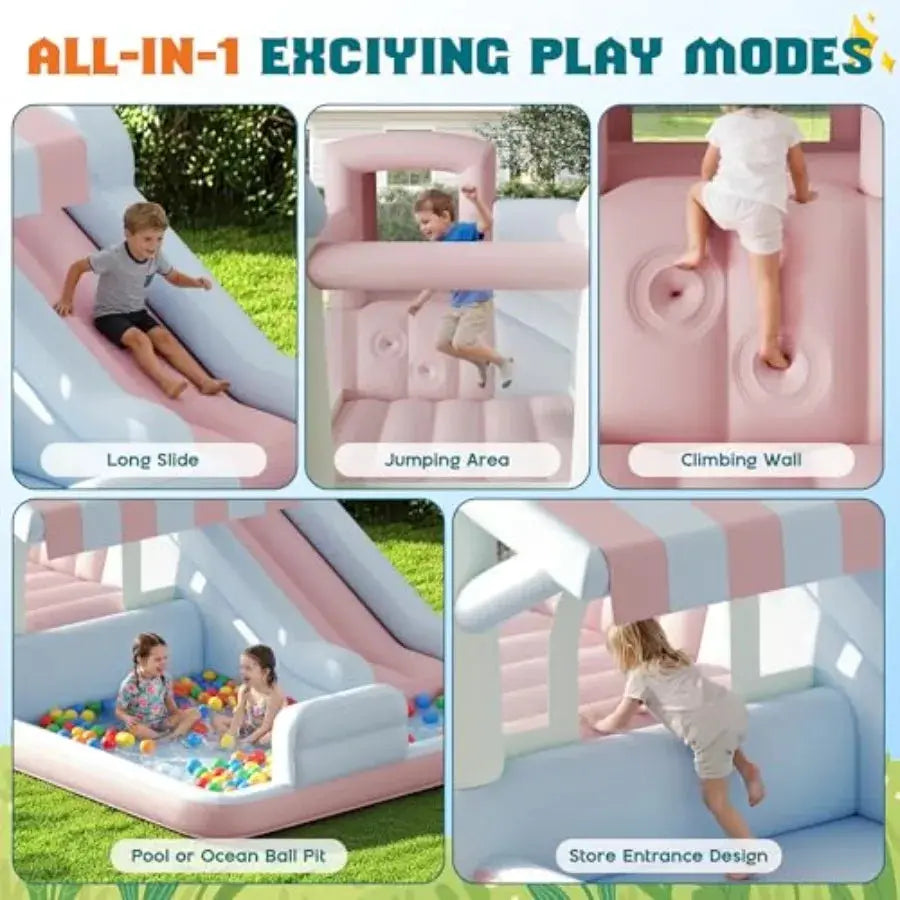 Inflatable Bounce House for indoor outdoor use, PVC material, pastel color, includes water slide, jumping area, climbing wall a from PriceLows™