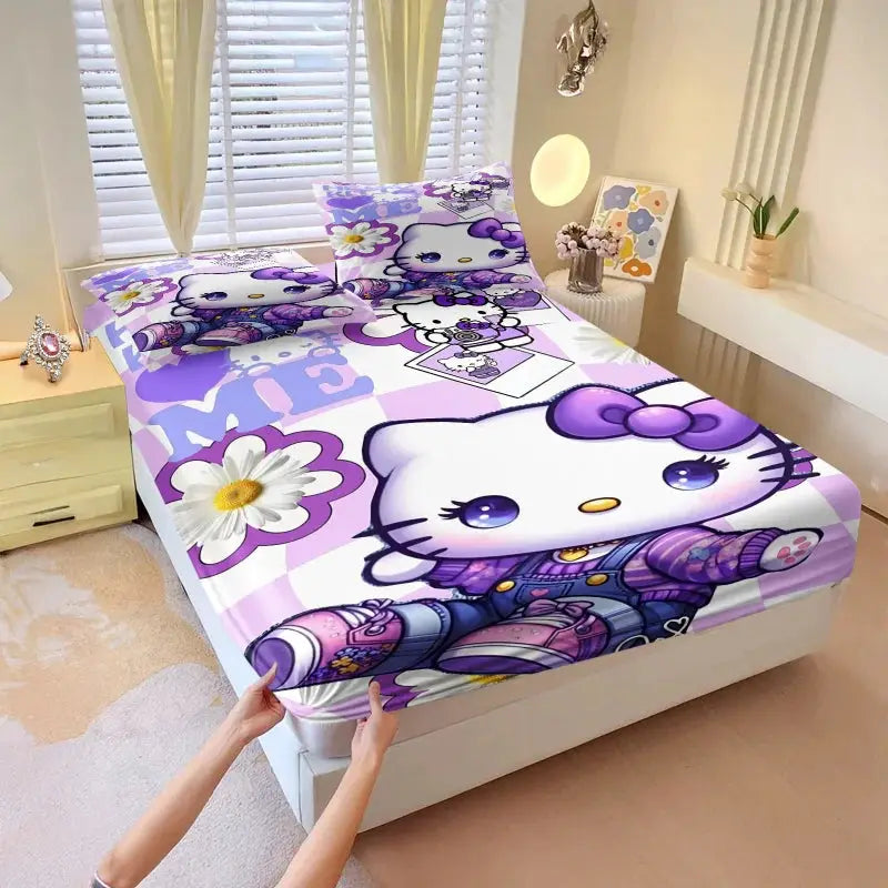3Pcs Hello Kitty Fitted Sheet Set Purple Glitter Print with Pillowcases Cute Cartoon Fitted Sheet Set for Girls Bedroom Decor from PriceLows™