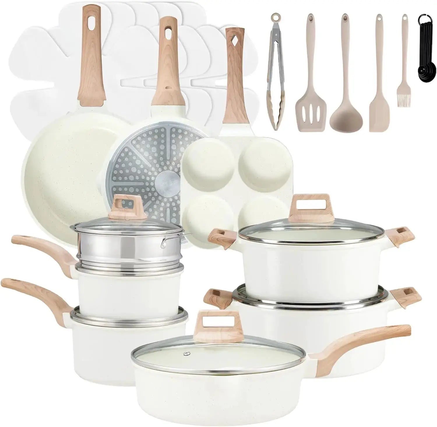 Pots and Pans Set Non Stick, 25-Piece Induction Kitchen Cookware, Stackable RV Cookware with Removable Handle, White from PriceLows™