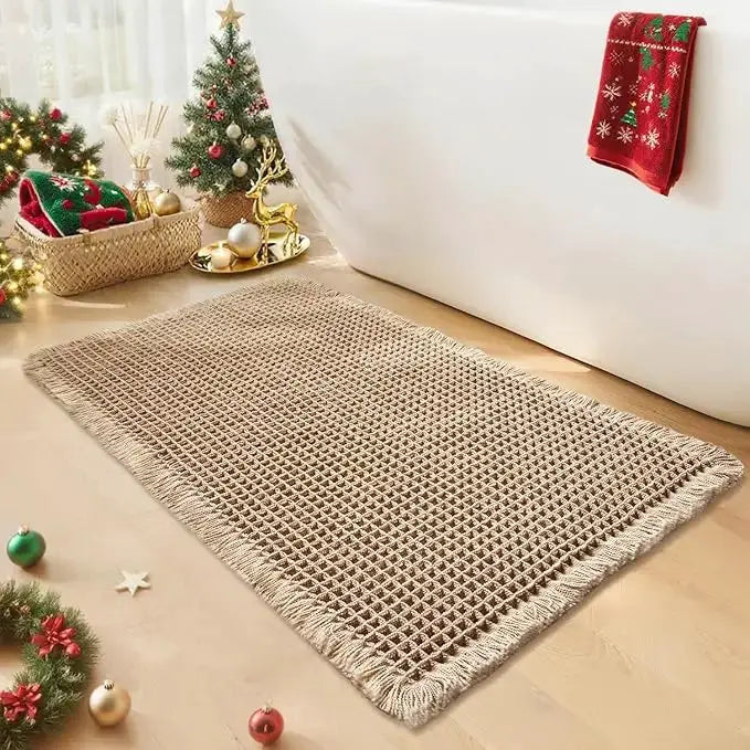Waffle Bath Mat Set Non Slip Bathroom Rug Super Absorbent Soft Machine Washable Floor Mat with Tassels from PriceLows™