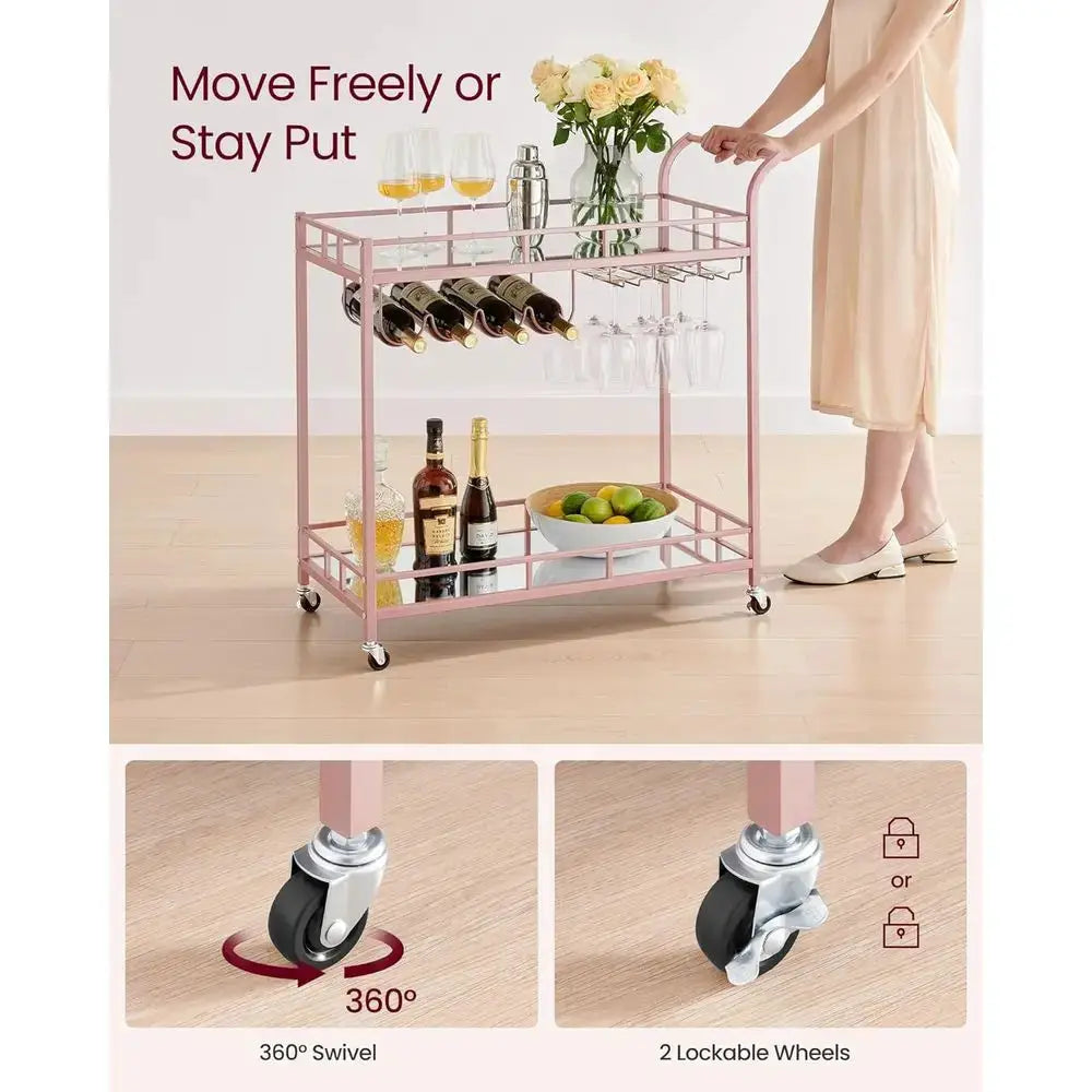 Rose Gold Home Bar Cart with 2 Mirrored Shelves, Wine & Glass Holders for Kitchen or Dining Room from PriceLows™