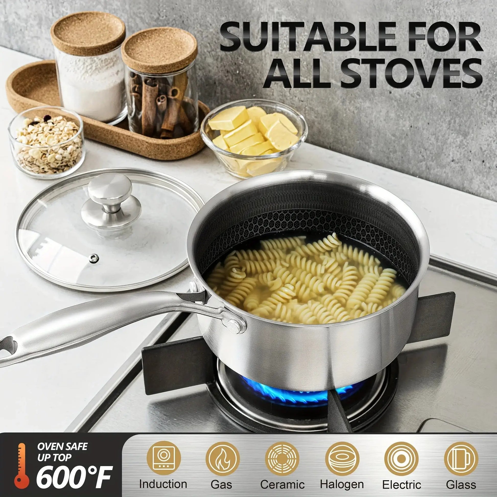 High-Quality Stainless Steel Cooking Pot Set, Featuring a Triple Layer Saucepan with Cover And a Honeycomb Lined Sauce Pot from PriceLows™