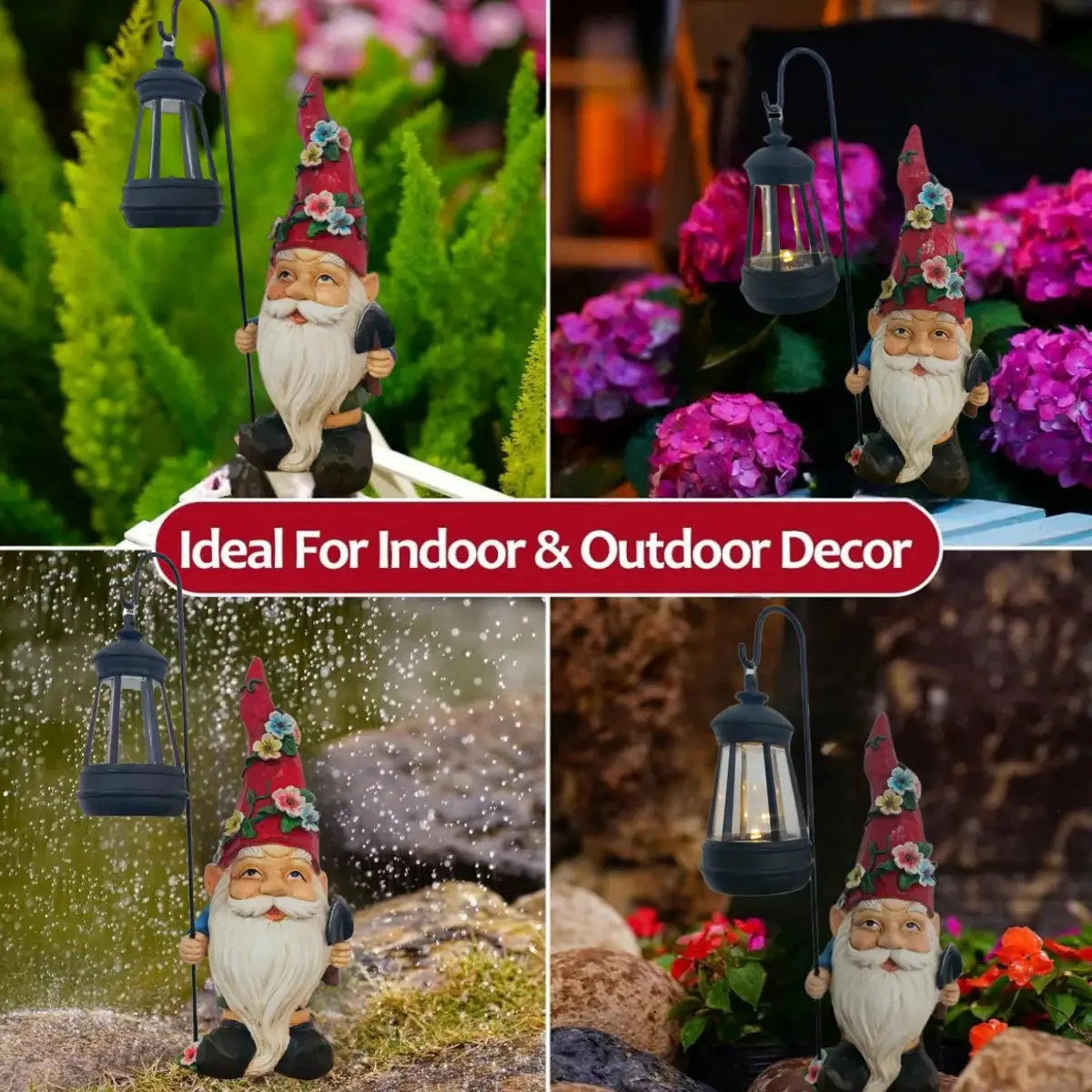 Garden Gnomes Statue with Solar Lights, Solar resin dwarf holding bird and holding lantern statue light from PriceLows™