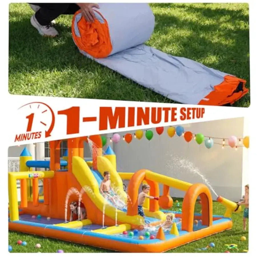 Backyard inflatable water slide bounce house for kids 3-12: 15ft mega park with long PVC slide, blue/red color, splash pool, ob from PriceLows™