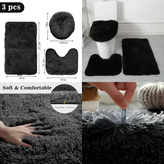 Black Bathroom Rugs Sets 3Piece Bath Mat Solid Bath Rug Floor Mats Washable Shower Rug with U-Shaped Contour Rug Toilet Lid Cover from PriceLows™