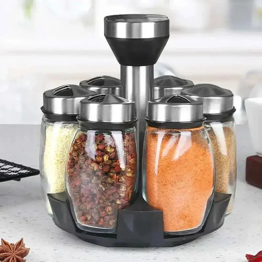 Spice Jar Set | Rotating Glass Organizer | 7 Piece Spice Jars | Kitchen Storage Rack