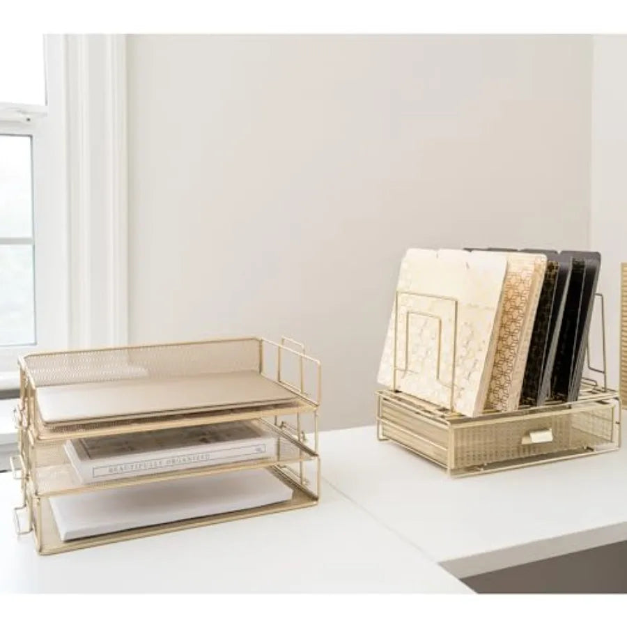 Desk Organizer Set | Gold Finish | 3 Stackable Trays With Drawer | One Size