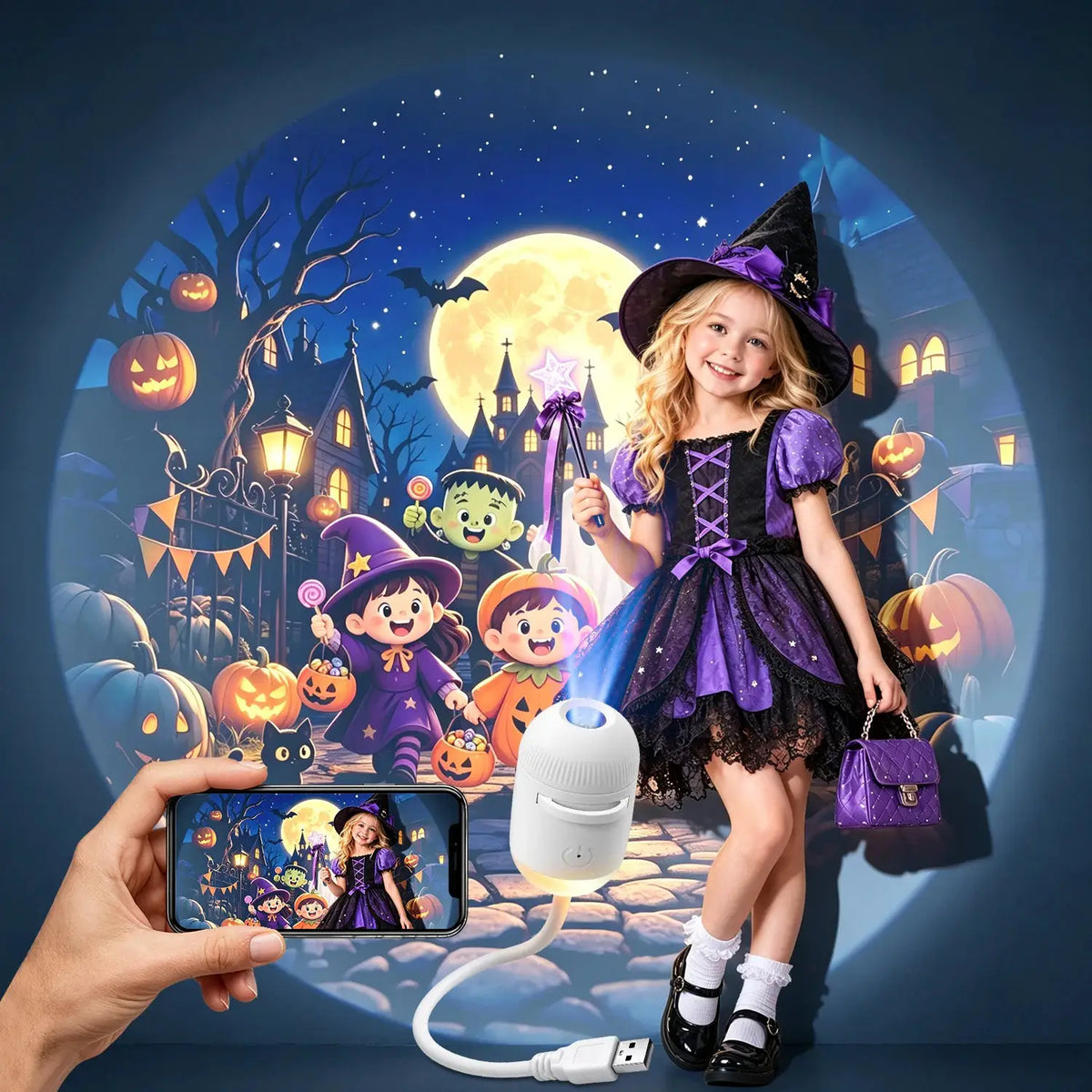 Halloween Projector Night Lamp | 12-in-1 LED Patterns | USB Powered | Wall & Car Decor