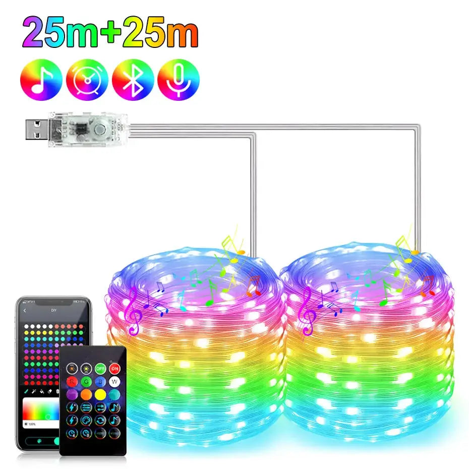 Bluetooth Smart USB LED Fairy String 5V RGBIC Music Sync Led Strip light IP67 Waterproof for Holiday Christmas Party Decoration from PriceLows™
