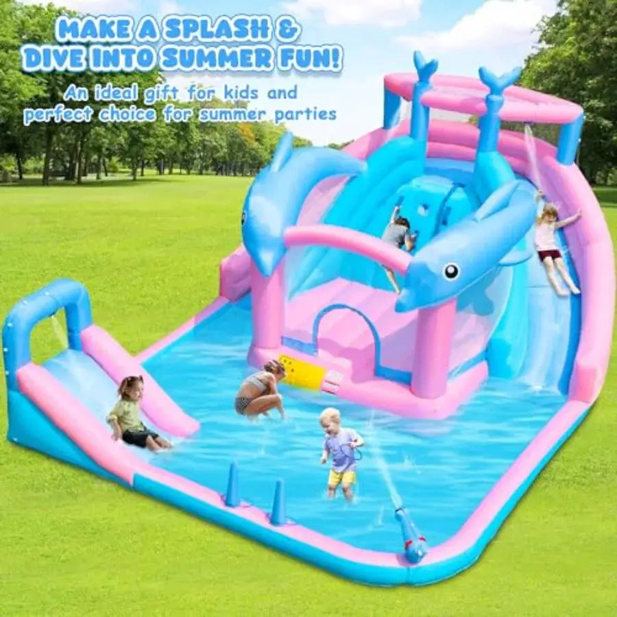 Inflatable Water Slide Dolphin Bounce House for 3-12 Blue Water Park with Blower Splash Pool Climbing Wall Water Cannon Bouncy from PriceLows™