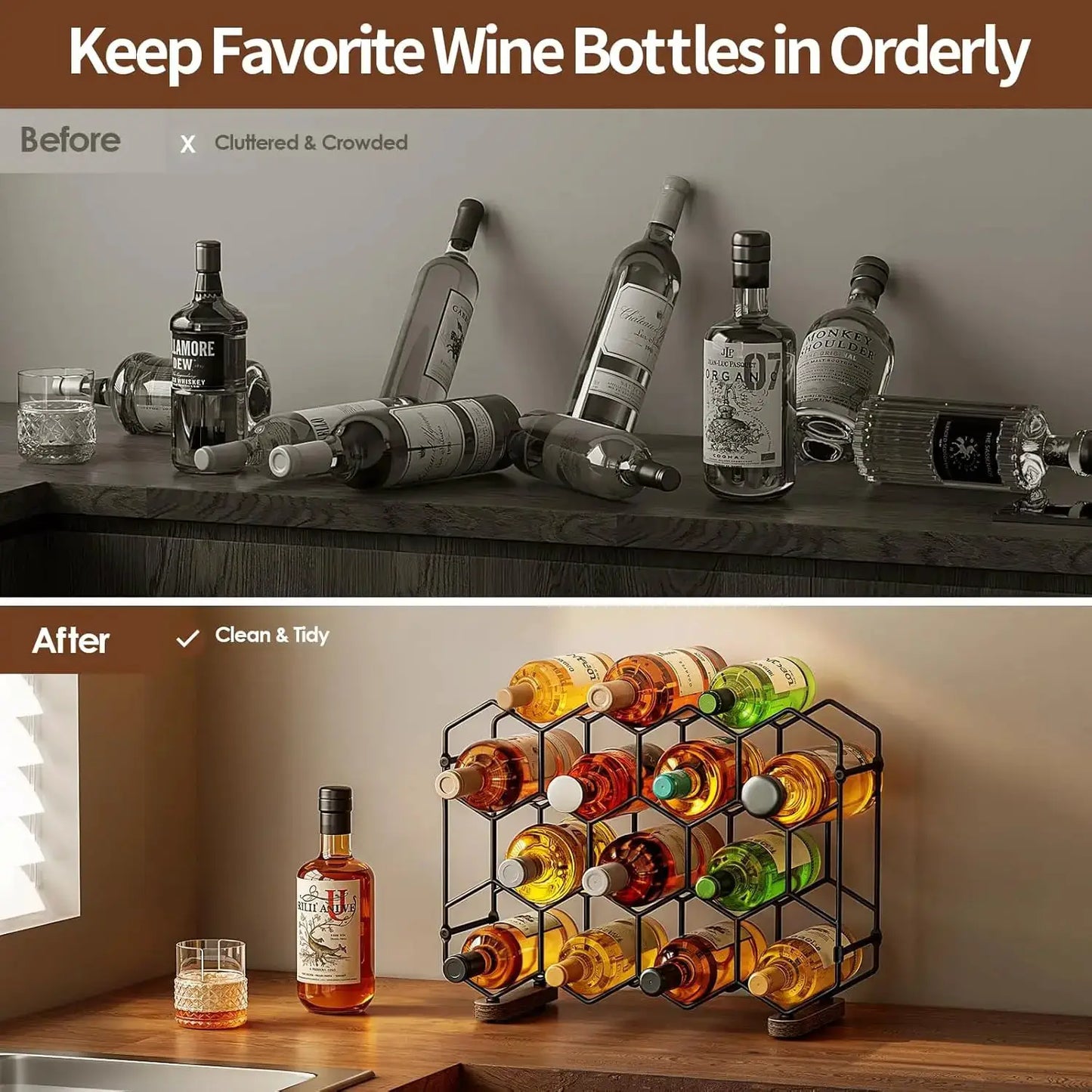 Countertop Wine Rack, 14-Bottle Freestanding Modern Carbon Steel Holder Hexagonal Structure, 3 Tier Tabletop Wine Bottl from PriceLows™