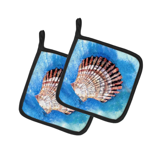 Pot Holder Set of 2 | Heat Resistant Quilted Hot Pads | 7.5 x 7.5 Inch | Scallop Sea Shell