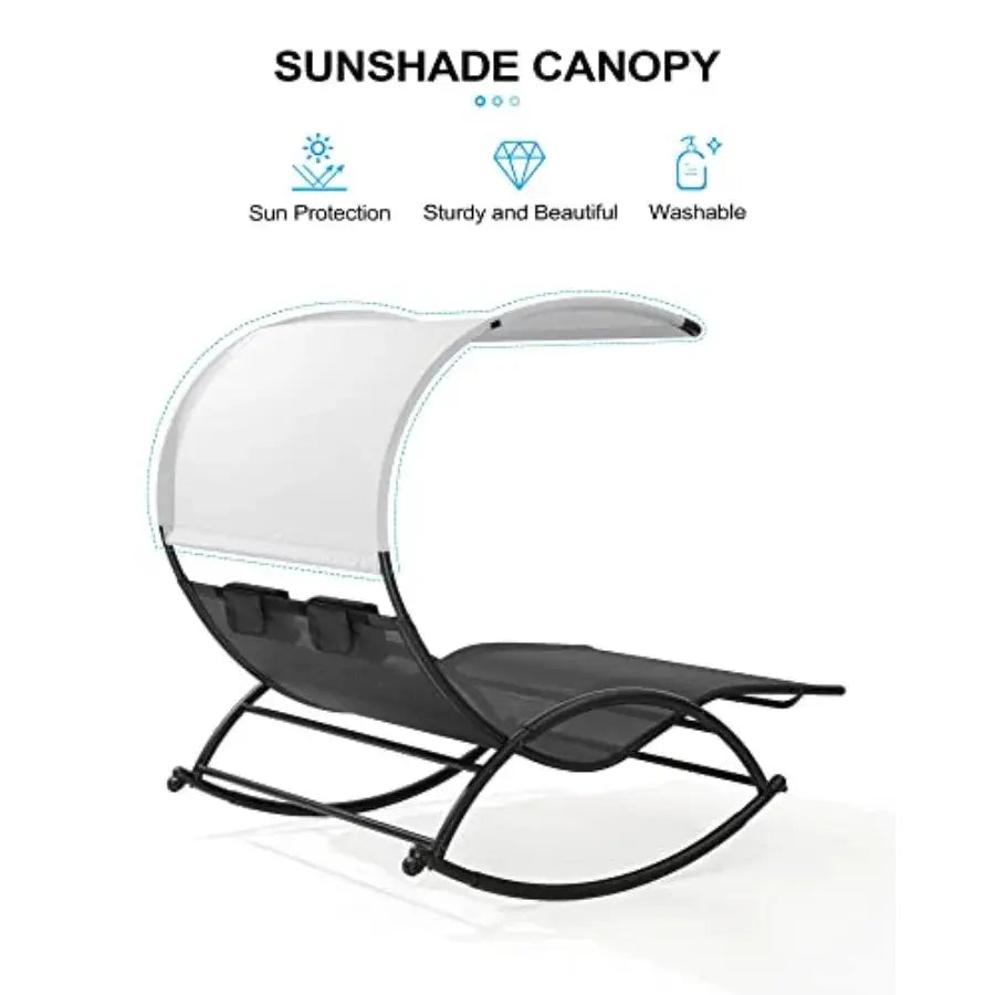 Outdoor Double Chaise Lounge Chair with Canopy and Wheels, 2 Person Patio Rocking Lounge Chair with Sun Shade and Headrests for from PriceLows™
