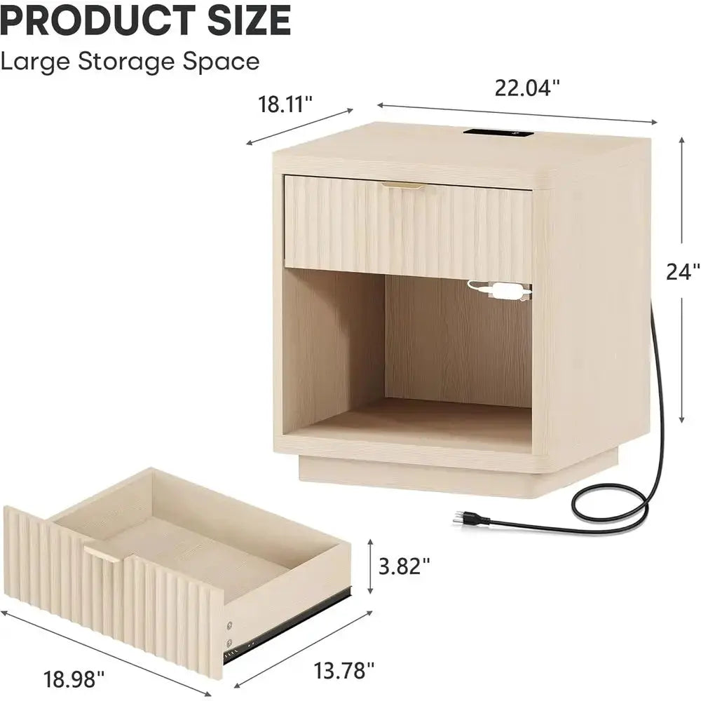 Pair of LED-lit Nightstands with Charging Station, 22 Wide Light Wood Nightstands from PriceLows™