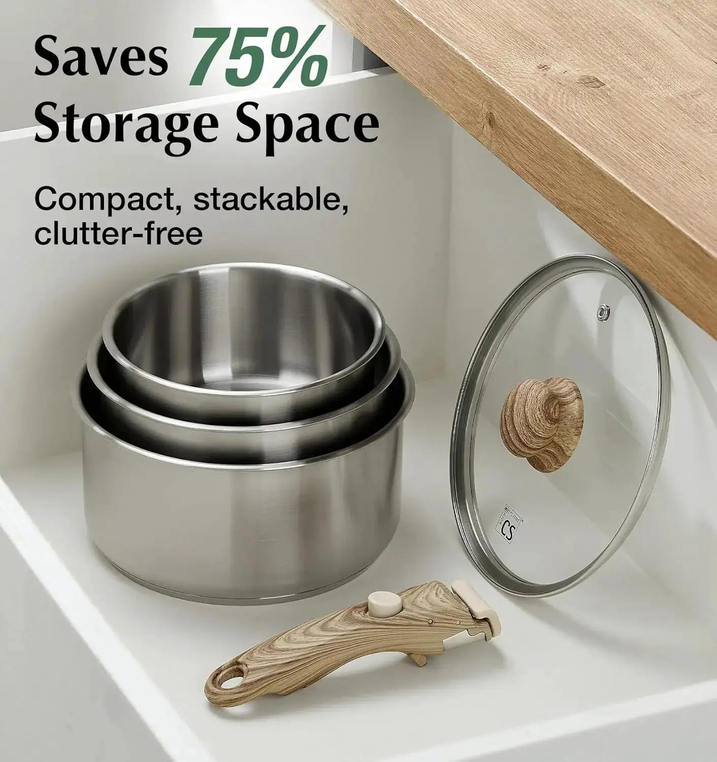 Stainless Steel Saucepan Set 1.5QT & 2QT & 3QT, Stainless Steel Pot with Removable Handle, Induction Compatible Pots from PriceLows™