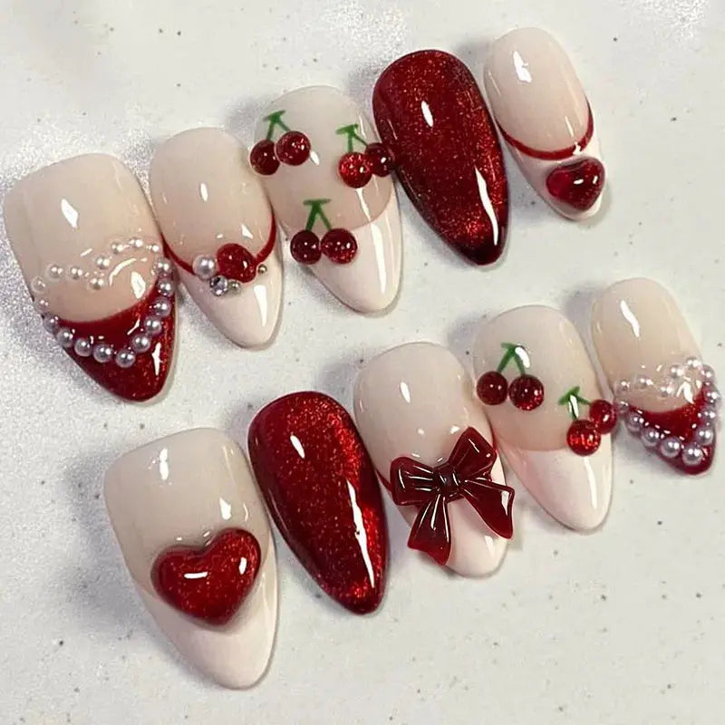 Almond Press On Nails | Acrylic Finish | Pearl Flower Design | 24 Piece Set
