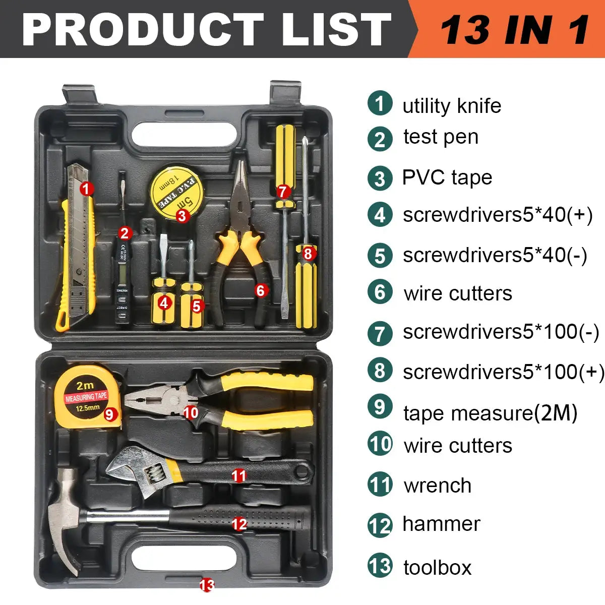 8/9/12/13Piece Tools Set General House hold Hand Tool Kit with Plastic Toolbox Storage Case Used to Car repair And home Repair from PriceLows™