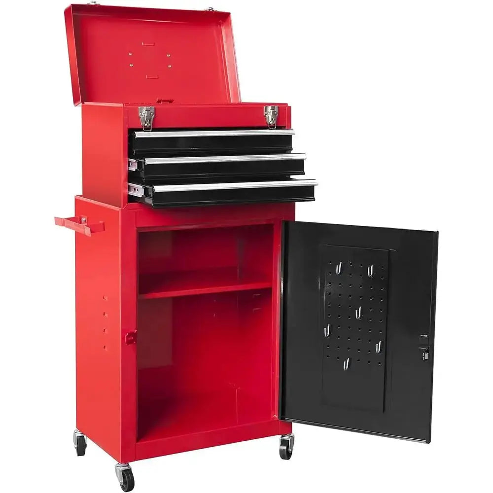 Red Black Rolling Tool Organizer, Detachable 3 Drawer Tool Chest with Large Cabinet & Adjustable Shelf for Garage Workshop from PriceLows™