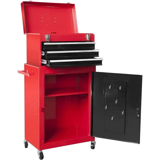 Red Black Rolling Tool Organizer, Detachable 3 Drawer Tool Chest with Large Cabinet & Adjustable Shelf for Garage Workshop from PriceLows™
