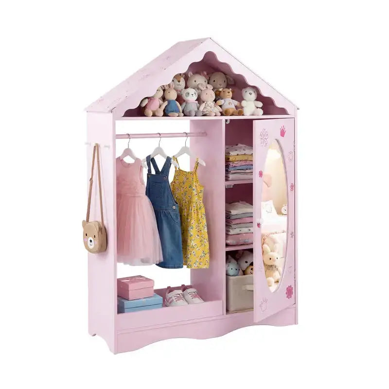 Kids Dress Up Storage with Mirror Roofed Wardrobe Closet with Open Hanging Rack-Pink from PriceLows™