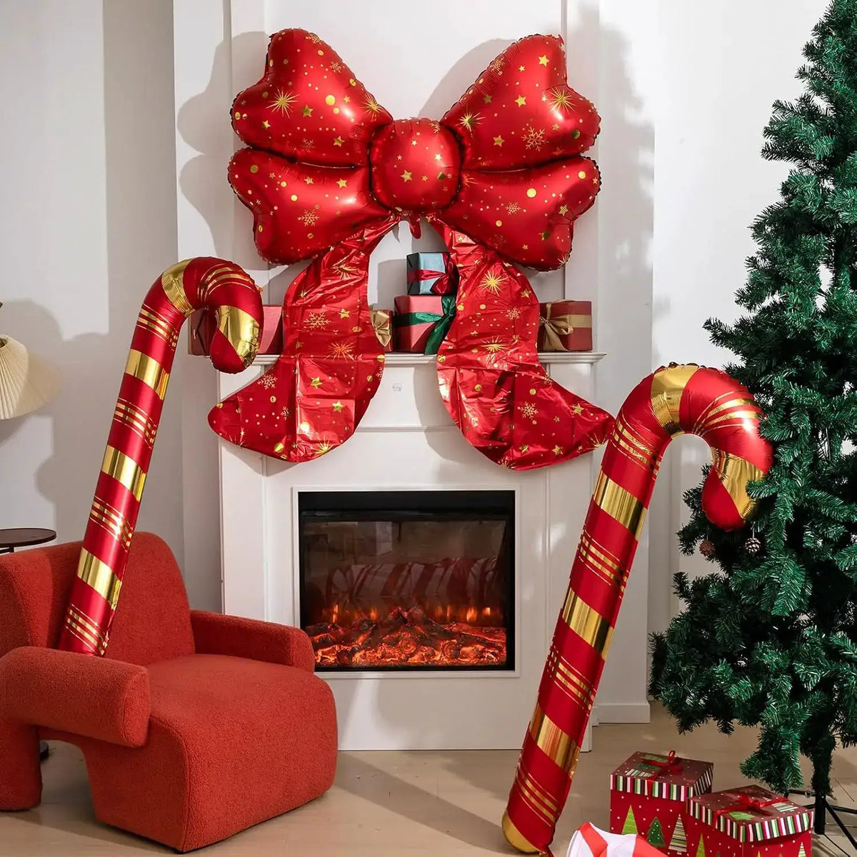 Giant Christmas Balloon Set | 3 Piece | Red Bow And Candy Cane | 5.7 Feet