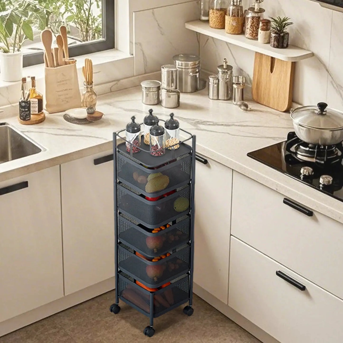 Five Layers 360 Degree Rotatable Trolley Storage Rack, Carbon Steel Storage Rack, Kitchen Vegetable Rack, Snack Storage Rack from PriceLows™