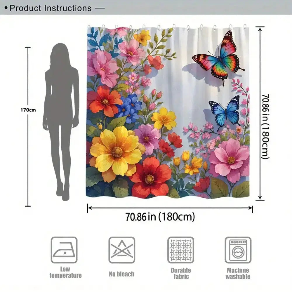 1pc Colorful Butterfly and Flower Shower Curtain | Vibrant Butterflies in Pink, Red, Blue, Green, Surrounded by Detailed Flowers from PriceLows™