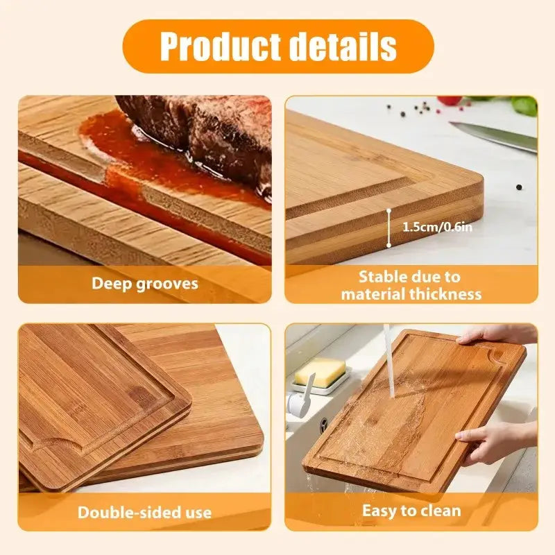 Bamboo Cutting Boards 5 Piece Set (S/M/L) with Juice Grooves & Non Slip Handles | 5-Piece | Bamboo | Serveware