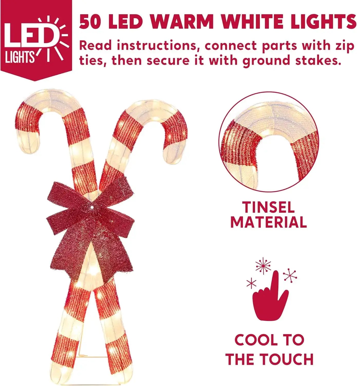 JOYFY Lighted Candy Cane Christmas Decorations 50 Pre-Lit LED Warm White Candy Canes Lights for Christmas Yard Decor Ornaments from PriceLows™