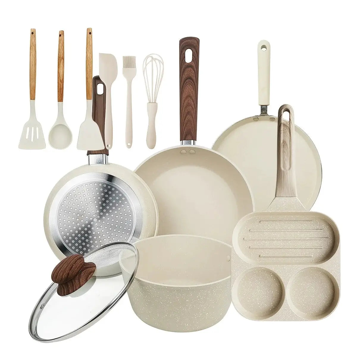 12/15pcs Nonstick Pans Pots Set, Cookware Set with Frying Pan, Saucepan, Cooking Utensils, for Kitchen Home Cannteen Dining Room Use, Gift for Wedding Housewarming, Christmas Gift Box, White from PriceLows™