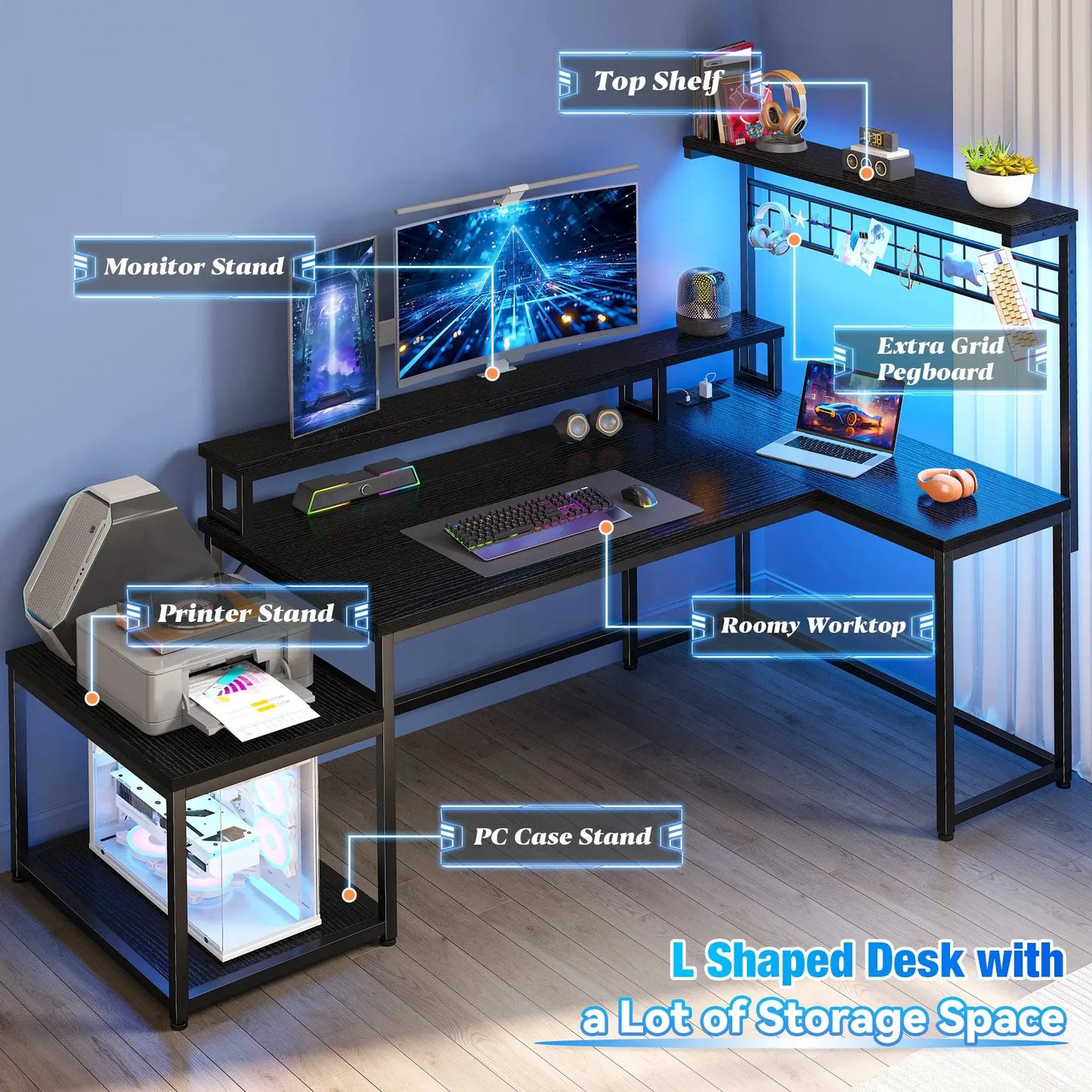EnHomee 63.5"W L Shaped Gaming Desk with Power Outlets, LED Lights, Monitor Stand & Shelves for Home Office from PriceLows™