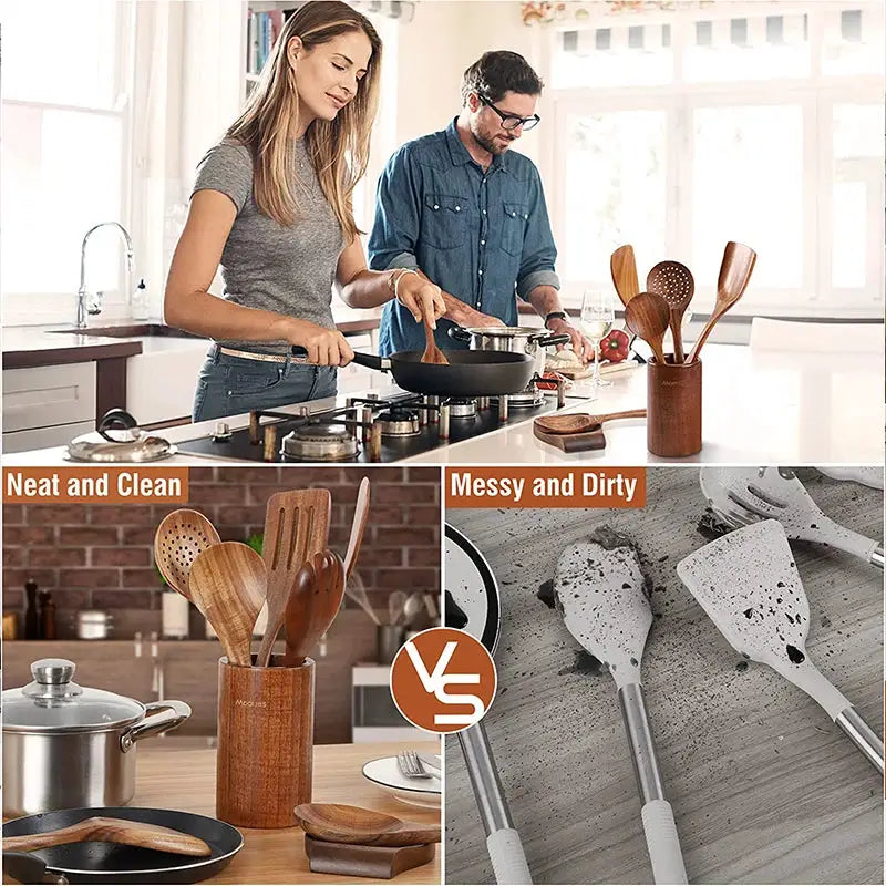 Natural Teak Cooking Spoon Scoop Kitchen Wooden Spatula Non-stick Utensils Set For Cooking With Hanging Hooks Cookware Tool from PriceLows™