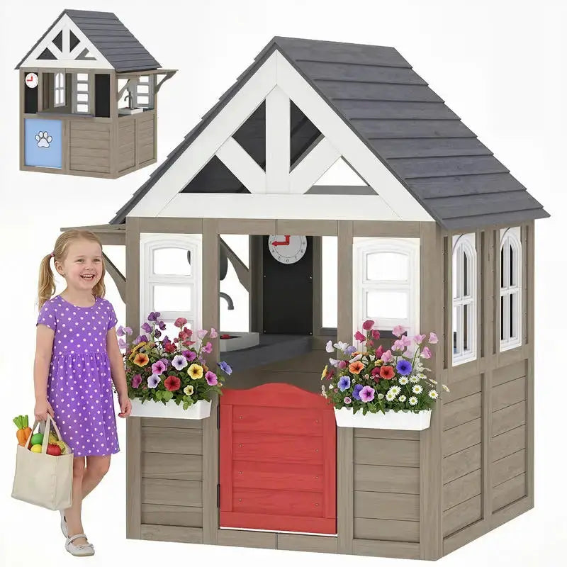Qaba Outdoor Playhouse, Wooden Kids Playhouse with Dog Door, Flower Box, Cookware & Window for Garden Ages 2+, Gray from PriceLows™