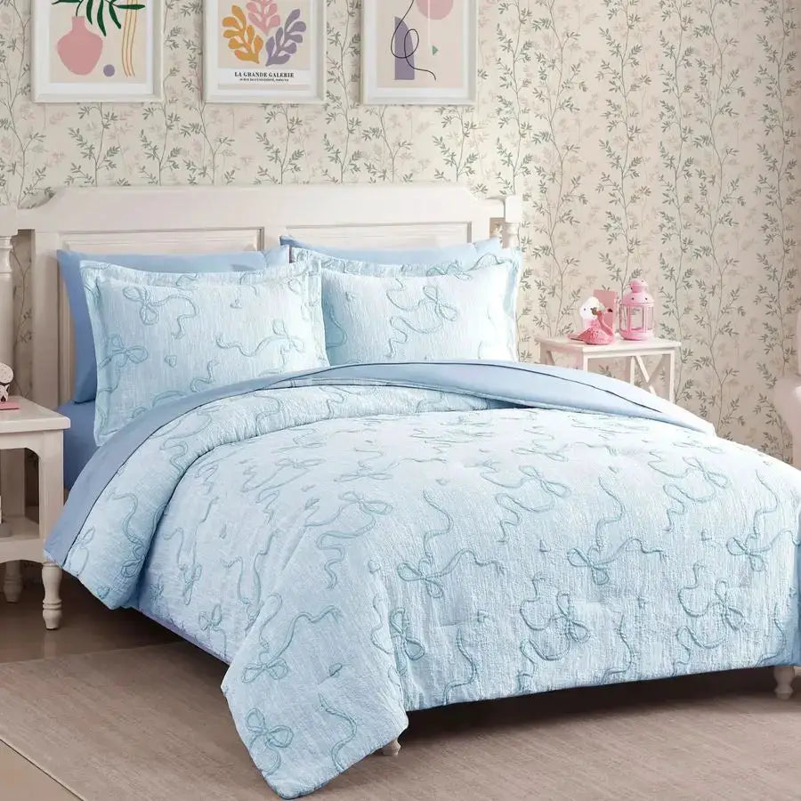 Light Blue Twin Comforter Set for Girls 5 Pieces Bowknot Jacquard Bed in A Bag Twin Bedding Sets with Sheets, Pillowcases amp Sh from PriceLows™